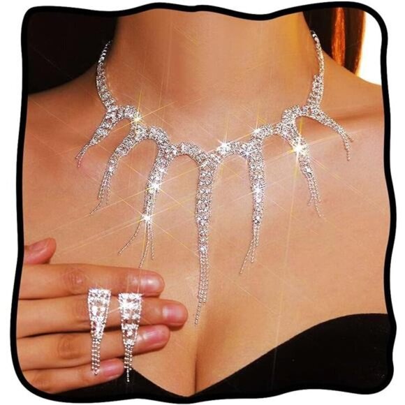 Rhinestone Necklace and Earrings Prom Bridal Wedding Jewelry Sets - Picture 1 of 7